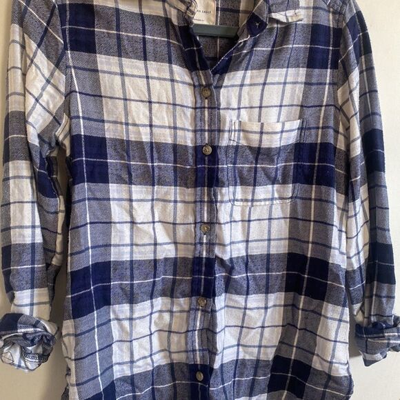 American Eagle boyfriend fit- softest-blue and white flannel size XS - Picture 4 of 12